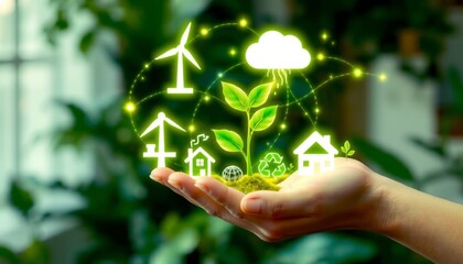 solar panel, wind turbine, leafy plant, recycling icon, sustainable home, Glowing web of light connecting the icons, forming a globe shape, lush green foliage, blurred