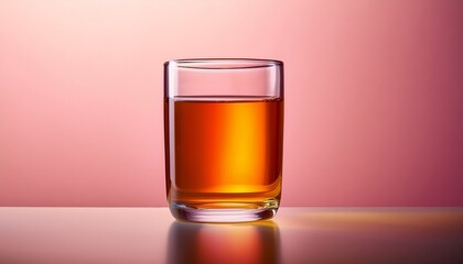 a glass filled with amber colored liquid sitting against a soft pink gradient background