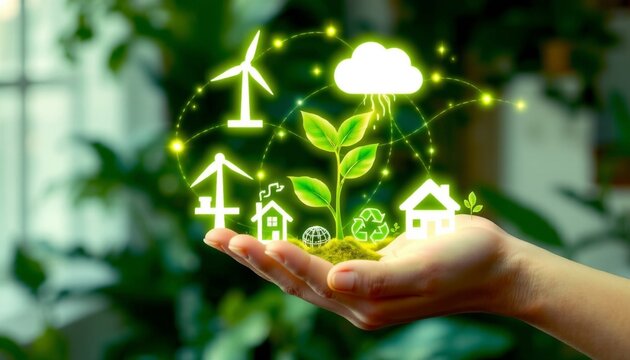 solar panel, wind turbine, leafy plant, recycling icon, sustainable home, Glowing web of light connecting the icons, forming a globe shape, lush green foliage, blurred
