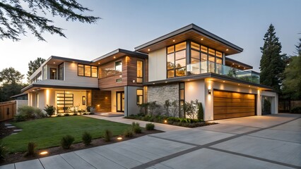 Naklejka premium Modern luxury residence with clean lines and warm wood accents at dusk