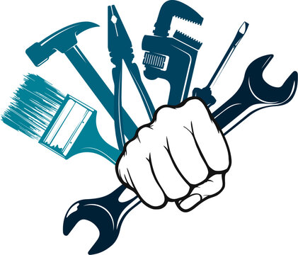 Wrench in hand and other repair tools. Jack of all trades symbol
