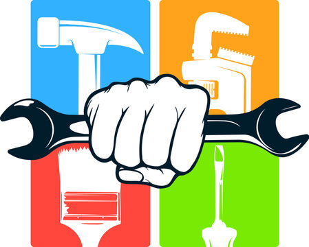 Wrench in hand against background of other repair tool. Symbol of jack of all trades - Powered by Adobe