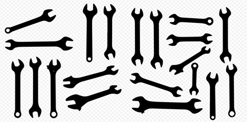 An arrangement of black silhouette wrench tools in varying sizes and orientations on a transparent background.