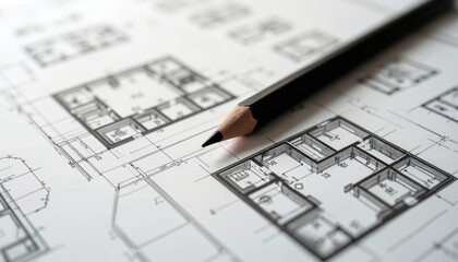 Architectural blueprints with floor plans and a pencil. Detailed drawings show building layouts and design concepts. This image represents engineering, construction, and urban planning processes.