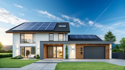 Modern luxury home with solar panels under a bright blue sky
