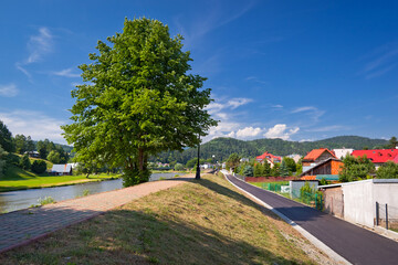 Nowa ścieżka rowerowa EuroVelo 11 nad Rzeką Poprad przy wale w Muszynie w piękny, letni dzień © rogozinski