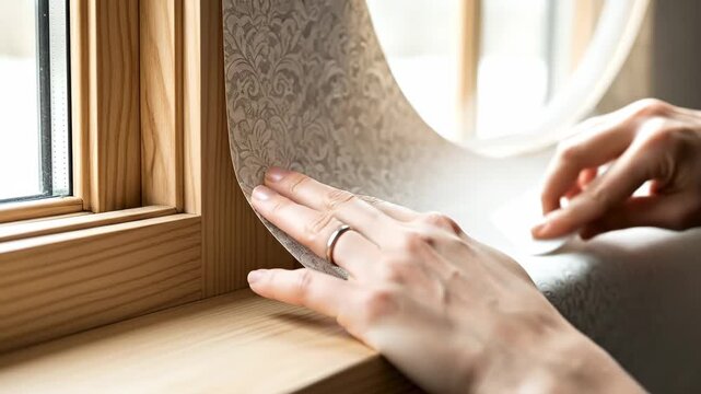 Applying Wallpaper Around a Window Corner - Close-up view of hands carefully applying patterned wallpaper to the corner of a wooden window frame.
