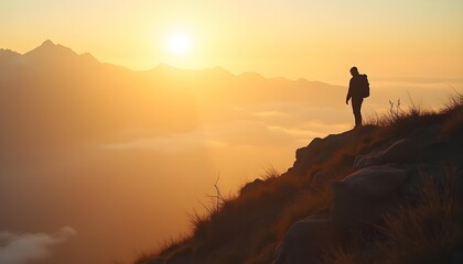 Fototapeta premium A lone hiker stands atop a narrow ridge, wind tugging at their coat. The camera pulls back, revealing vast, cloud-covered peaks stretching endlessly into the horizon. Morning light bathes the scene in