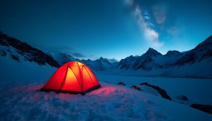 A red tent glows faintly in the blue hour, dwarfed by a ring of immense snow-covered peaks. The fire inside flickers, casting soft shadows. Above, the Milky Way arcs across the sky. Stillness. Solitud