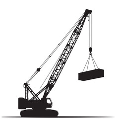 Silhouette of a Crawler Crane Lifting a Heavy Load Against a White Background