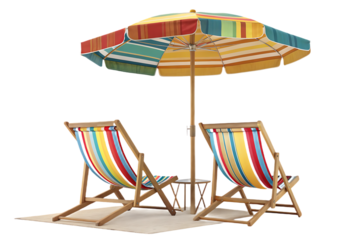 Colorful striped beach chairs with matching rainbow umbrella and small folding table, isolated on a transparent background