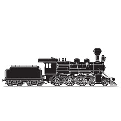 Vintage Steam Locomotive and Tender Black Silhouette Illustration