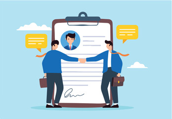 Flat illustration of two businessman shakes hands with new employee finalizing employment contract signature and recruitment agreement