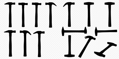 A collection of fourteen black hammer silhouettes in various orientations, arranged on a transparent background.