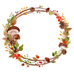 Autumn Wreath with berries and mushrooms - hand-made watercolor illustration. PNG. Transparent background.