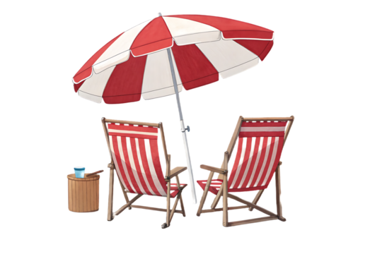 Red and white striped beach umbrella with two folding chairs and basket, isolated on a transparent background