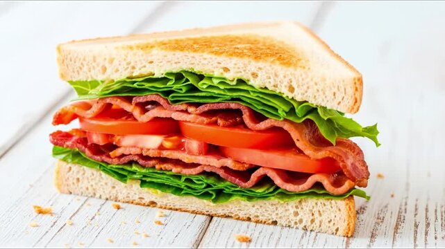 A closeup shot of a BLT sandwich featuring lettuce tomato and bacon between two slices of toasted bread