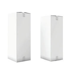 Two identical tall white cardboard boxes with sealed flaps isolated on transparent background for shipping or storage