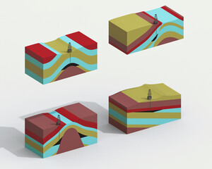 Petroleum system trap 3D block diagram in orthographic perspective view
