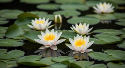 Water lilies with white petals & yellow centers bloom on green lily pads in a pond