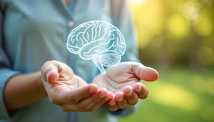 Woman open hands gently cradling glowing brain graphic, mental health awareness, cognitive well-being. Soft sunlight, blurred green nature background suggest care, growth, innovation in neurology,
