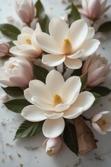 Fototapeta premium A stunning arrangement of magnolia flowers, showcasing delicate petals and vibrant colors on a soft textured background.