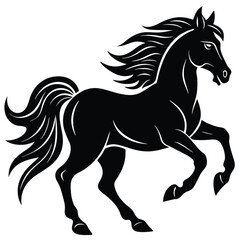 Black horse silhouette prancing with flowing mane and tail