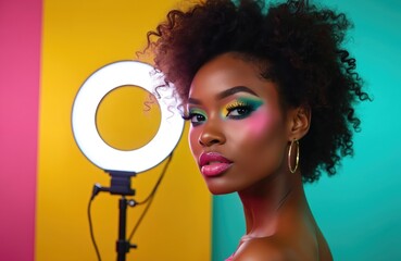 Young Black woman with vibrant makeup poses next to ring light. Wears colorful eyeshadow, bold pink lipstick, large gold hoop earrings. Curly hair frames face, illuminated by bright light. Backdrop