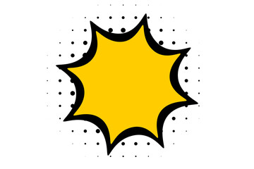 Yellow comic starburst shape with black outline and halftone dots for sale labels, discount stickers, posters, banners, and graphic design elements