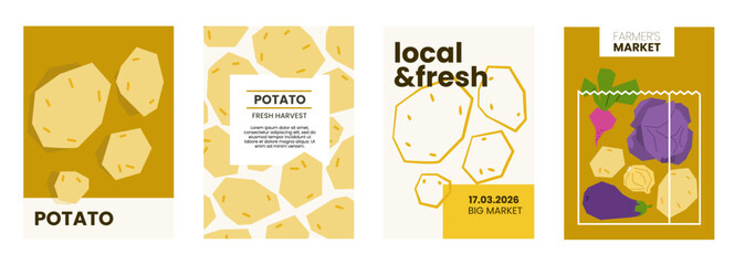 Fresh potato illustration. Simple posters with root vegetable for farmers market advertising. Vector templates with copyspace. Set of harvested salad vegetables in minimal hand drawn and flat style. © bgpsh