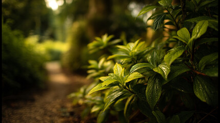 Obraz premium Close up of vibrant green leaves with water droplets in a lush garden setting with bokeh path