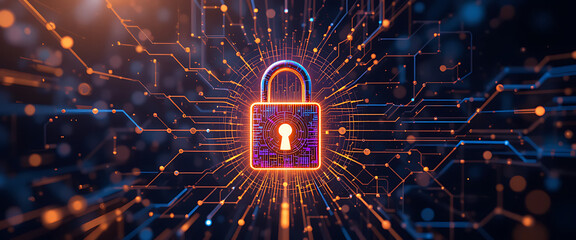 Abstract illustrated vector style cyber security protection system in Halloween theme shimmering particles glowing mate background, 3d golden purple and blue gradient glowing holographic bolt shape lo