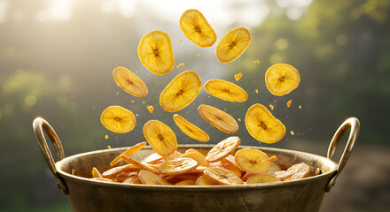 Close-up of Golden Banana Chips Flying Out of a Traditional Brass Pot, a Classic Festival Snack