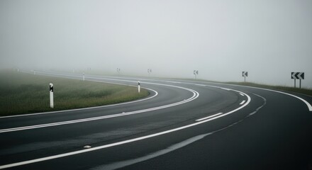 Winding road disappearing into heavy fog on a cloudy, overcast day