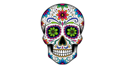 Ornate Decorative Skull with Floral Patterns and Traditional Mexican Day of the Dead Aesthetic Isolated on Black