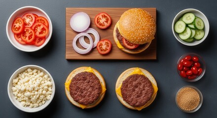 Creative burger preparation with fresh ingredients showcased on dark surface