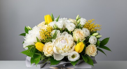Elegant Floral Composition Featuring White Peonies, Yellow Tulips, and Roses