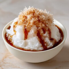 Bowl of Shaved Ice Dessert with Caramel Sauce on a Countertop for Food Blog