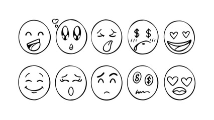 Hand drawn emoji faces with different expressions emotions happy