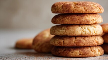 Stack of golden snickerdoodle cookies with cinnamon sugar on neutral background 