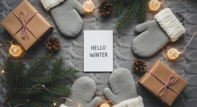 Wintery flatlay with gifts, mittens, pine, and string lights on knit fabric