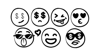 Diverse Doodle Emoji Faces Collection black white