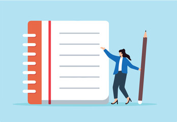 Flat illustration of young woman holding pencil write notebook symbolizing taking note for study and productivity