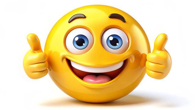A bright yellow emoji with a smiling face and finger pointed upwards, isolated on a white background, conveying