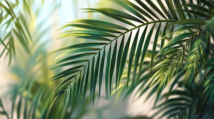 Fototapeta premium Close-up of vibrant green palm leaves, symbolizing the growth and vitality of the air freshener product, with a blurred background, natural qualities and highlighting the details of the leaves.