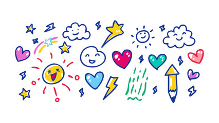 Cheerful doodle icons with sun clouds hearts and stars vector