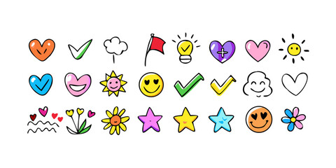 Cheerful doodle icons hearts stars smiles flowers smiley faces check marks