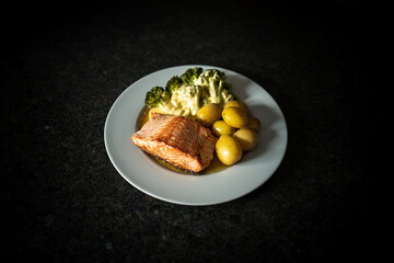 ready to eat - grilled salmon, broccoli and potatoes with butter and hollandaise sauce