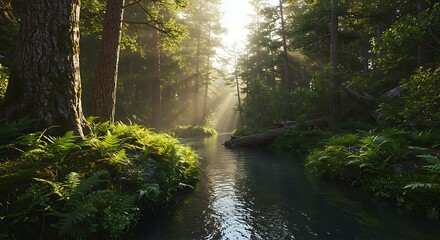 Obraz premium Sunlit River Flowing Through a Green Forest.