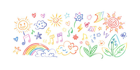 Cheerful multicolor doodle art with sun rainbow and music notes vector